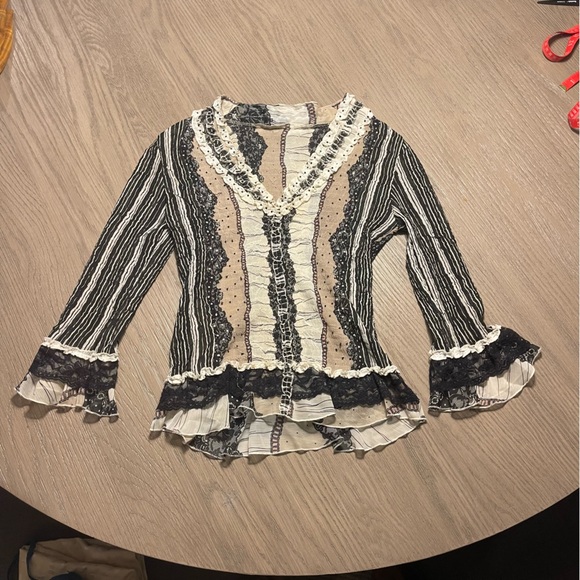 Alberto Makali Vintage 1990's Black & Tan Ruffle Lace Beaded Cottagecore Prarie - Picture 2 of 16